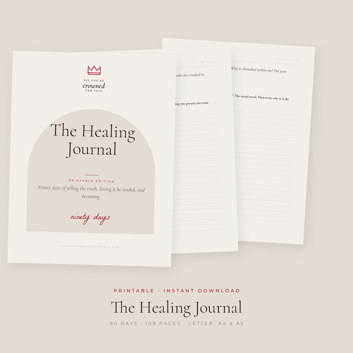 The Healing Journal printable edition, cover and inside pages