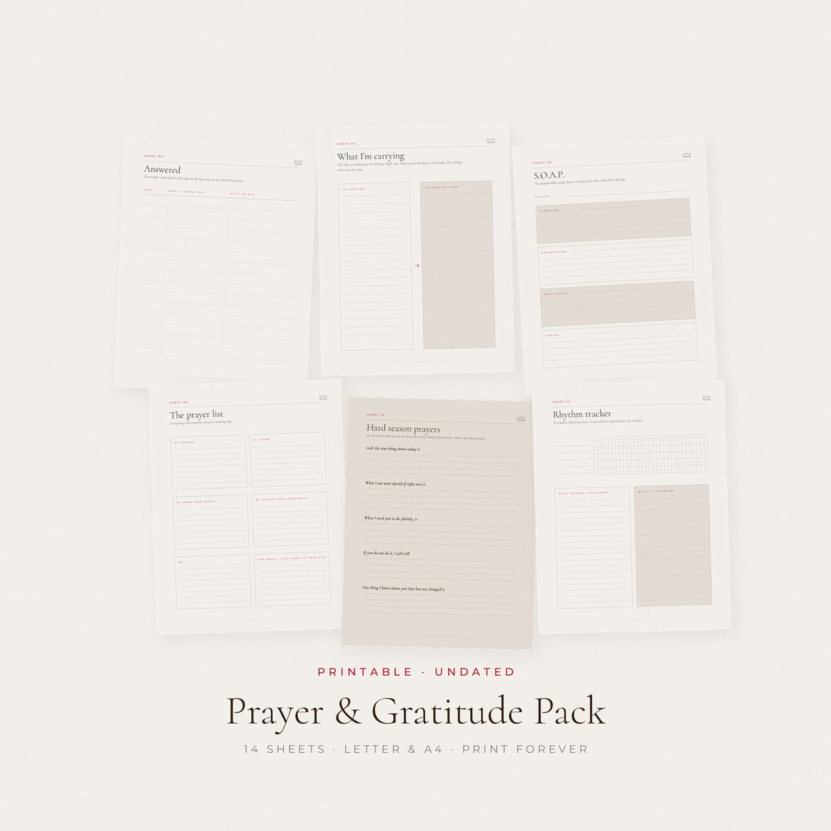 The Prayer and Gratitude Pack, fourteen undated printable sheets