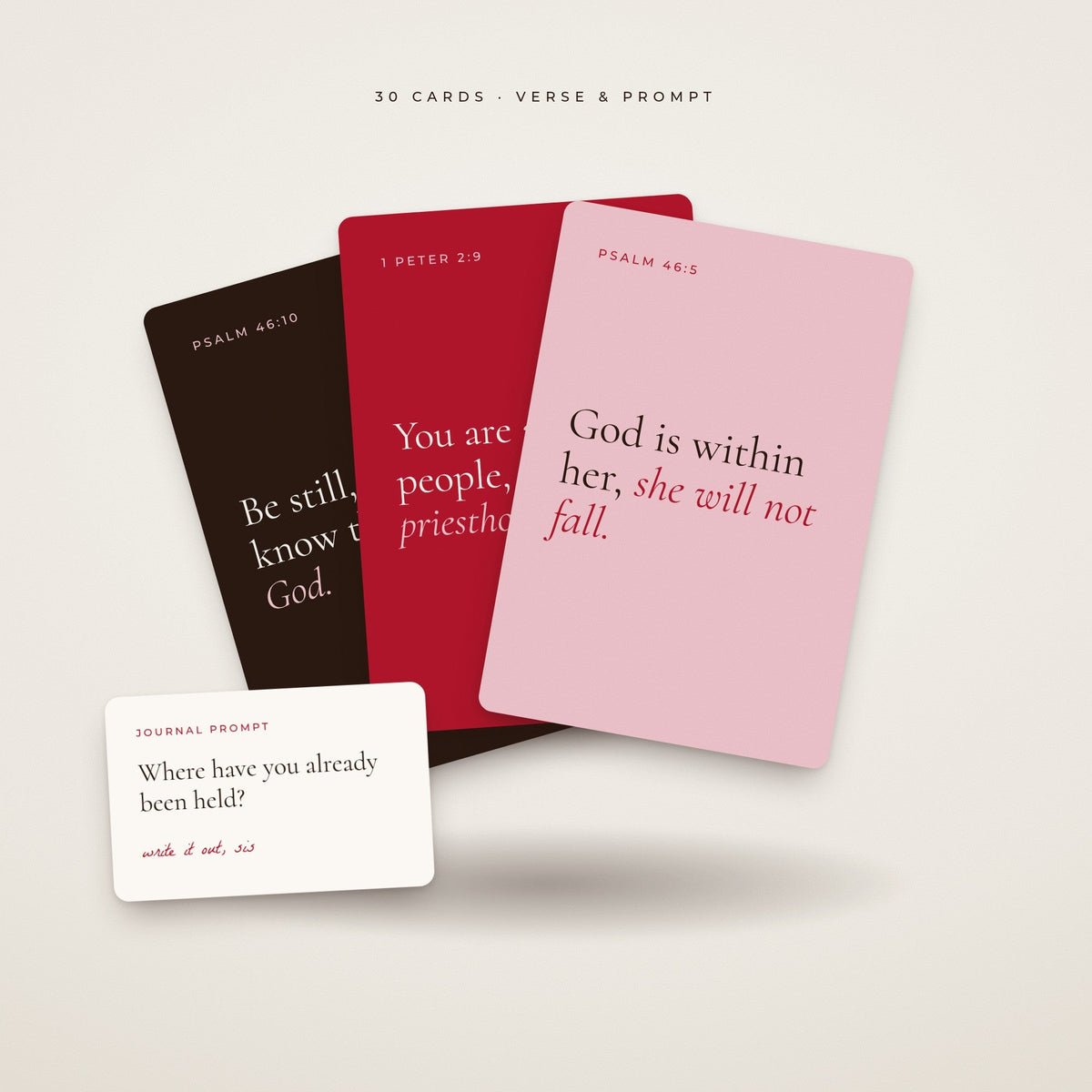 Crowned Scripture Deck cards fanned with a journal prompt card