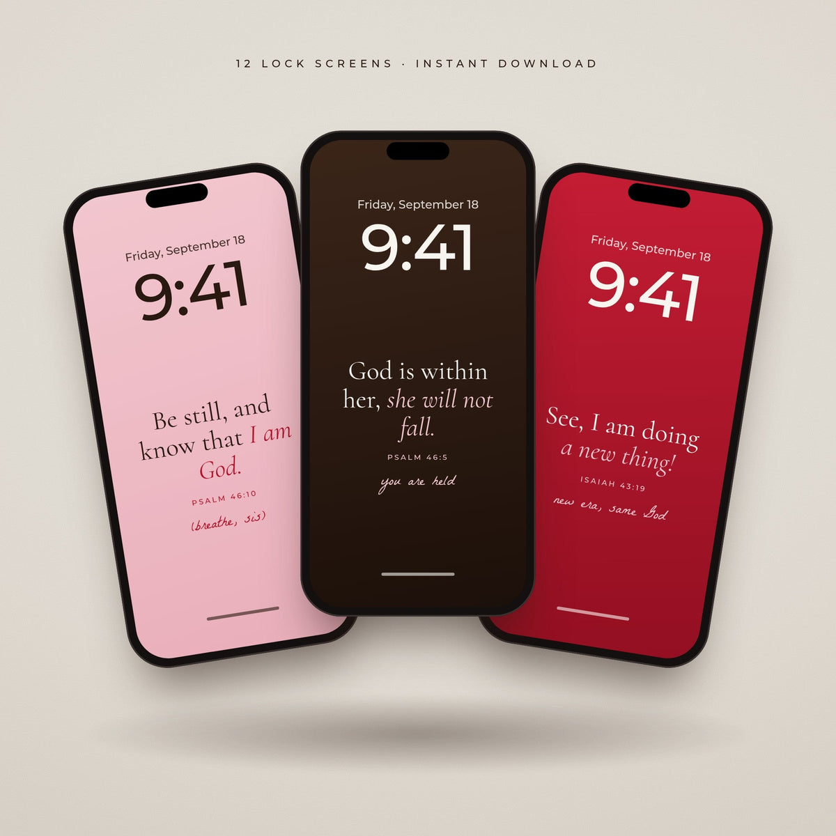 Three phones showing scripture lock screens